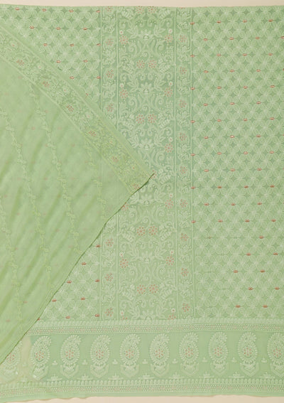 Pista Green Threadwork Georgette Unstitched Salwar Suit-Koskii