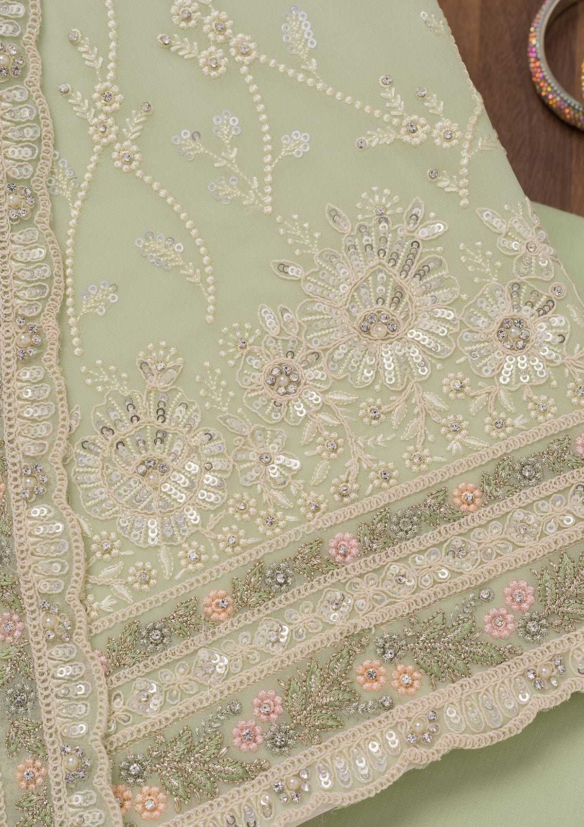 Pista Green Sequins Georgette Unstitched Salwar Suit-Koskii