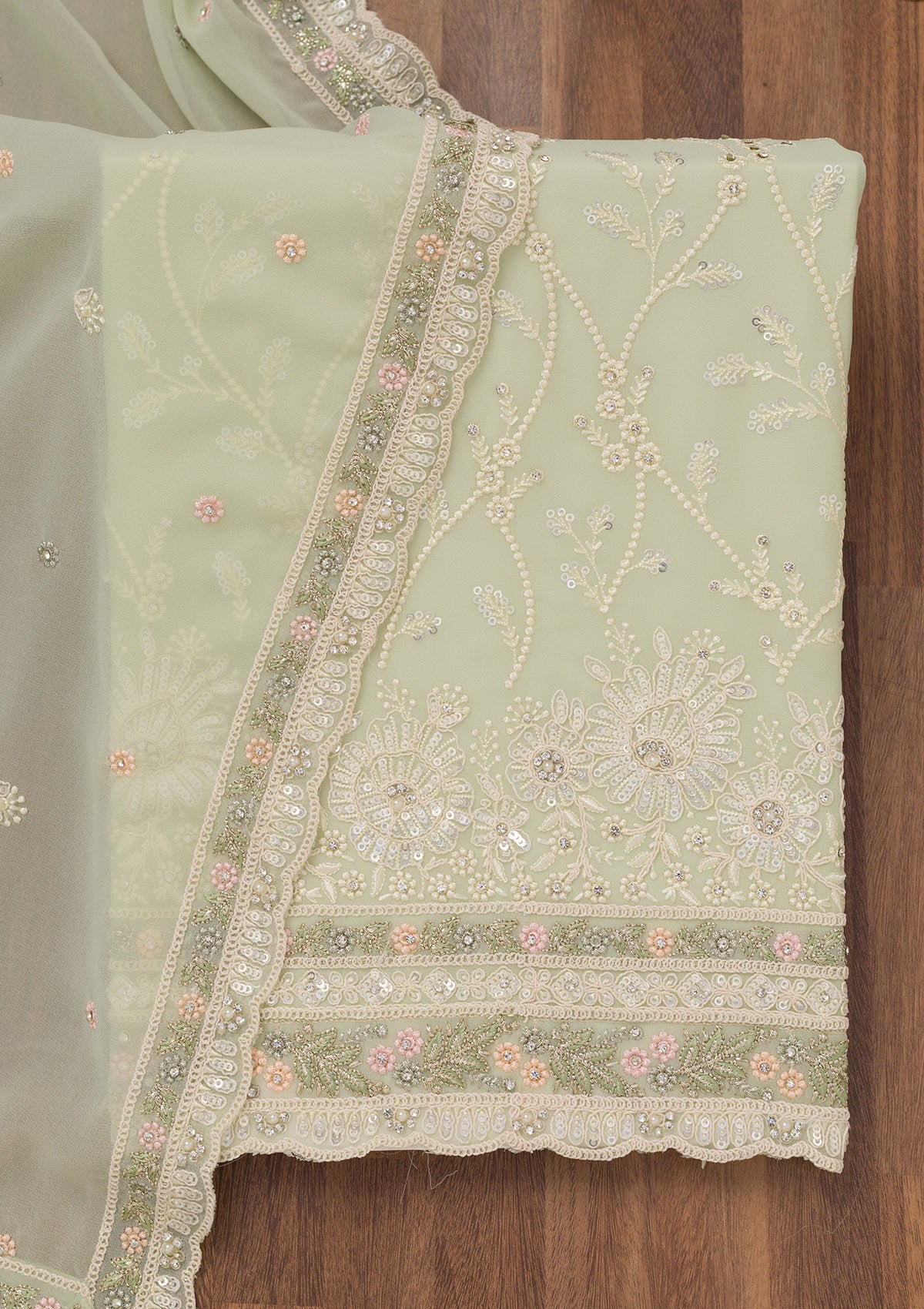 Pista Green Sequins Georgette Unstitched Salwar Suit-Koskii