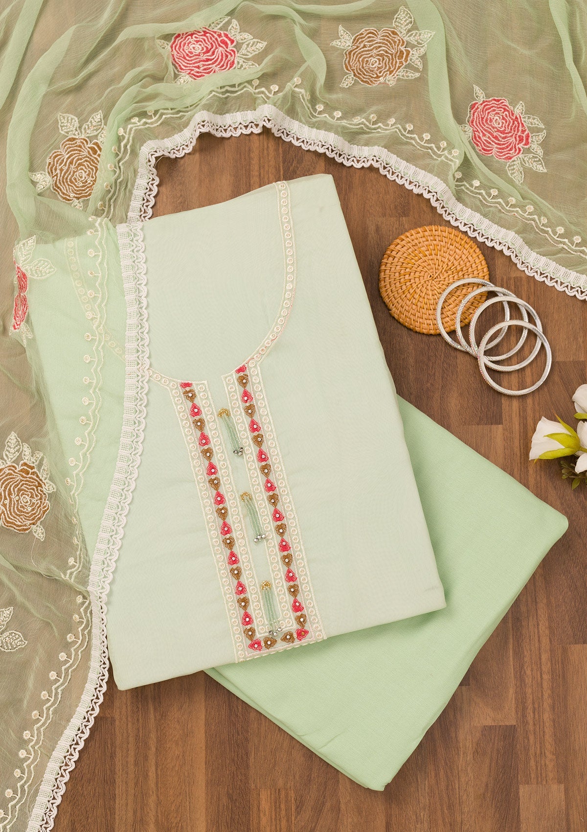 Pista Green Threadwork Georgette Unstitched Salwar Suit-Koskii