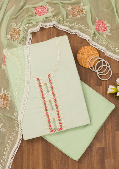 Pista Green Threadwork Georgette Unstitched Salwar Suit-Koskii