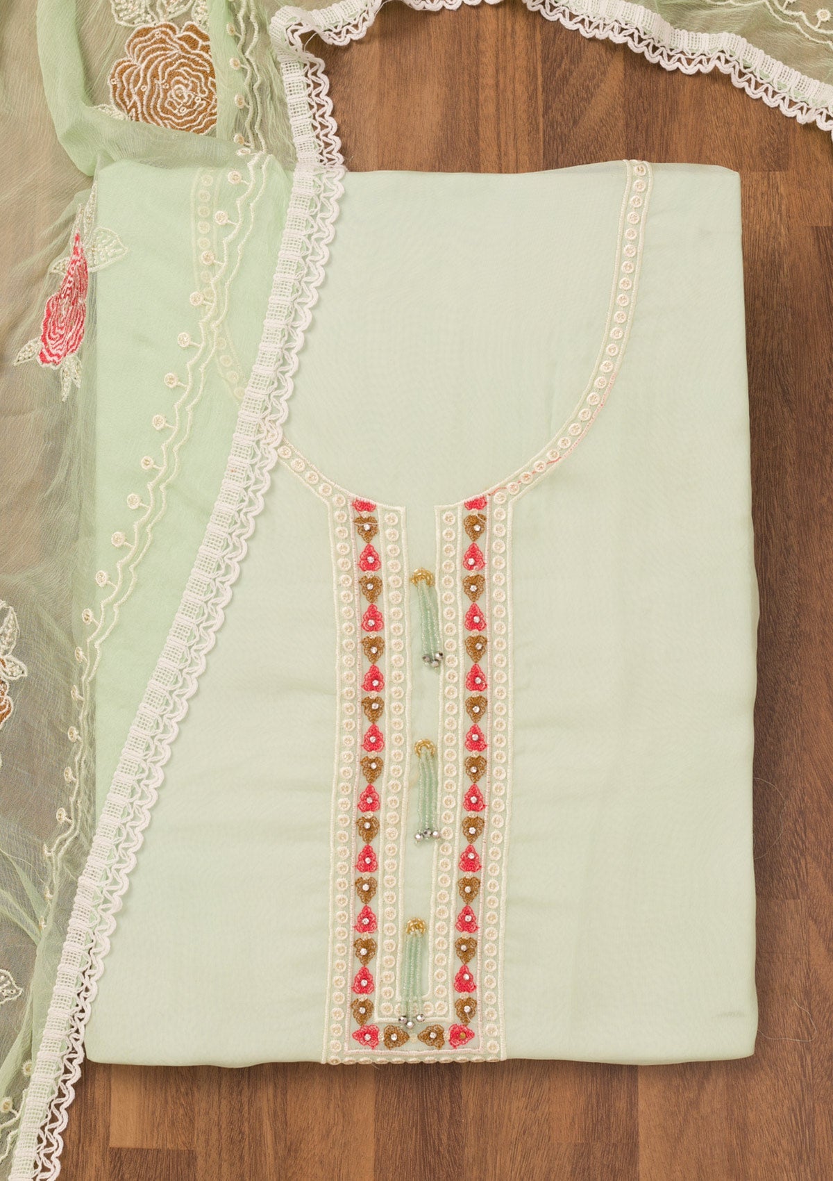 Pista Green Threadwork Georgette Unstitched Salwar Suit-Koskii