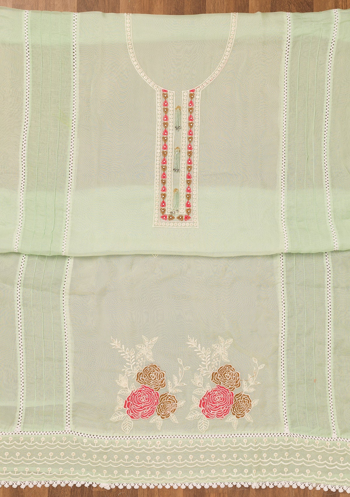 Pista Green Threadwork Georgette Unstitched Salwar Suit-Koskii