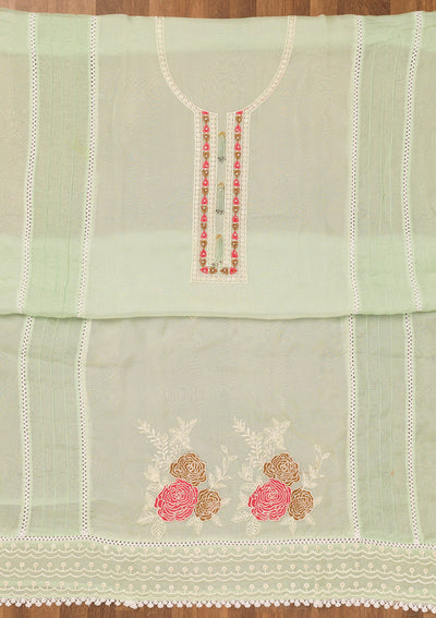 Pista Green Threadwork Georgette Unstitched Salwar Suit-Koskii