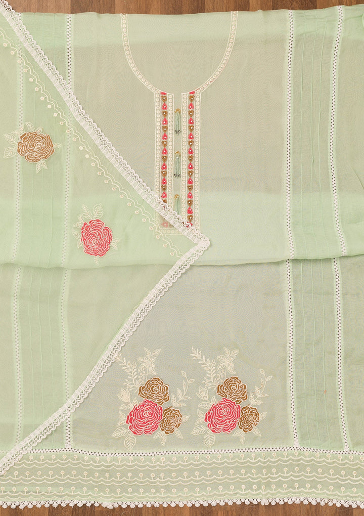 Pista Green Threadwork Georgette Unstitched Salwar Suit-Koskii