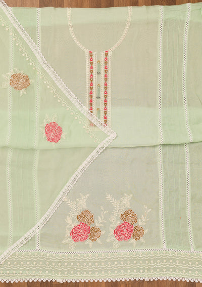Pista Green Threadwork Georgette Unstitched Salwar Suit-Koskii