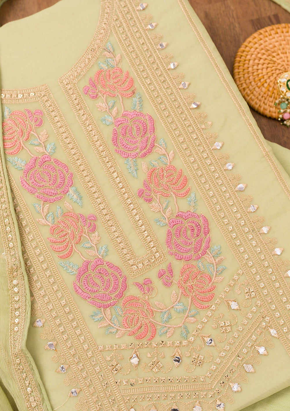 Pista Green Threadwork Georgette Unstitched Salwar Suit-Koskii