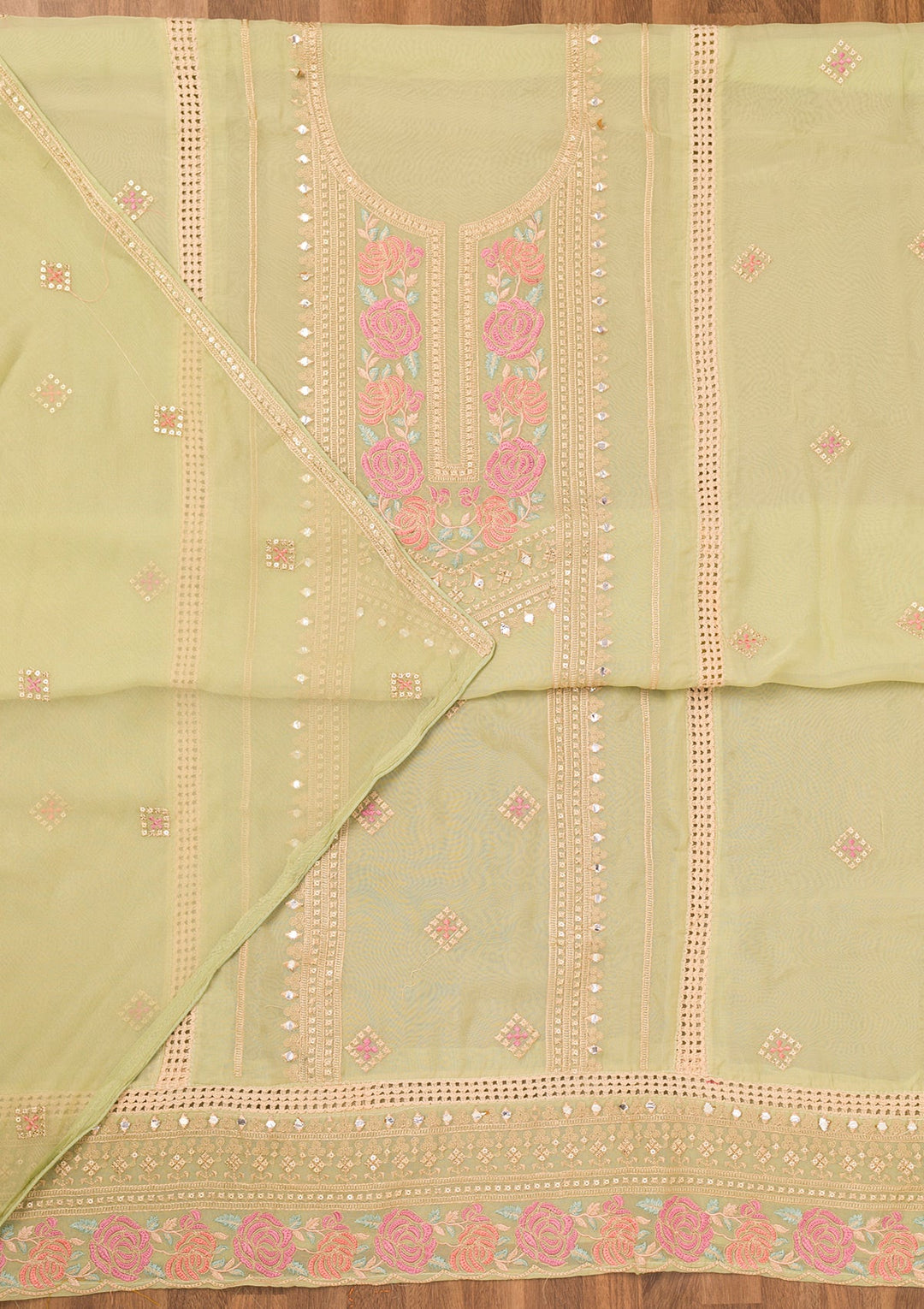 Pista Green Threadwork Georgette Unstitched Salwar Suit-Koskii