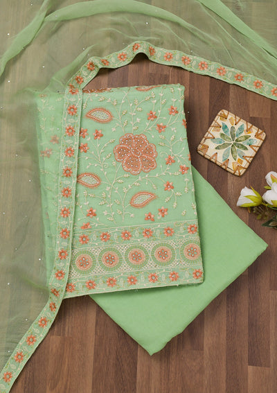 Pista Green Threadwork Georgette Unstitched Salwar Suit-Koskii