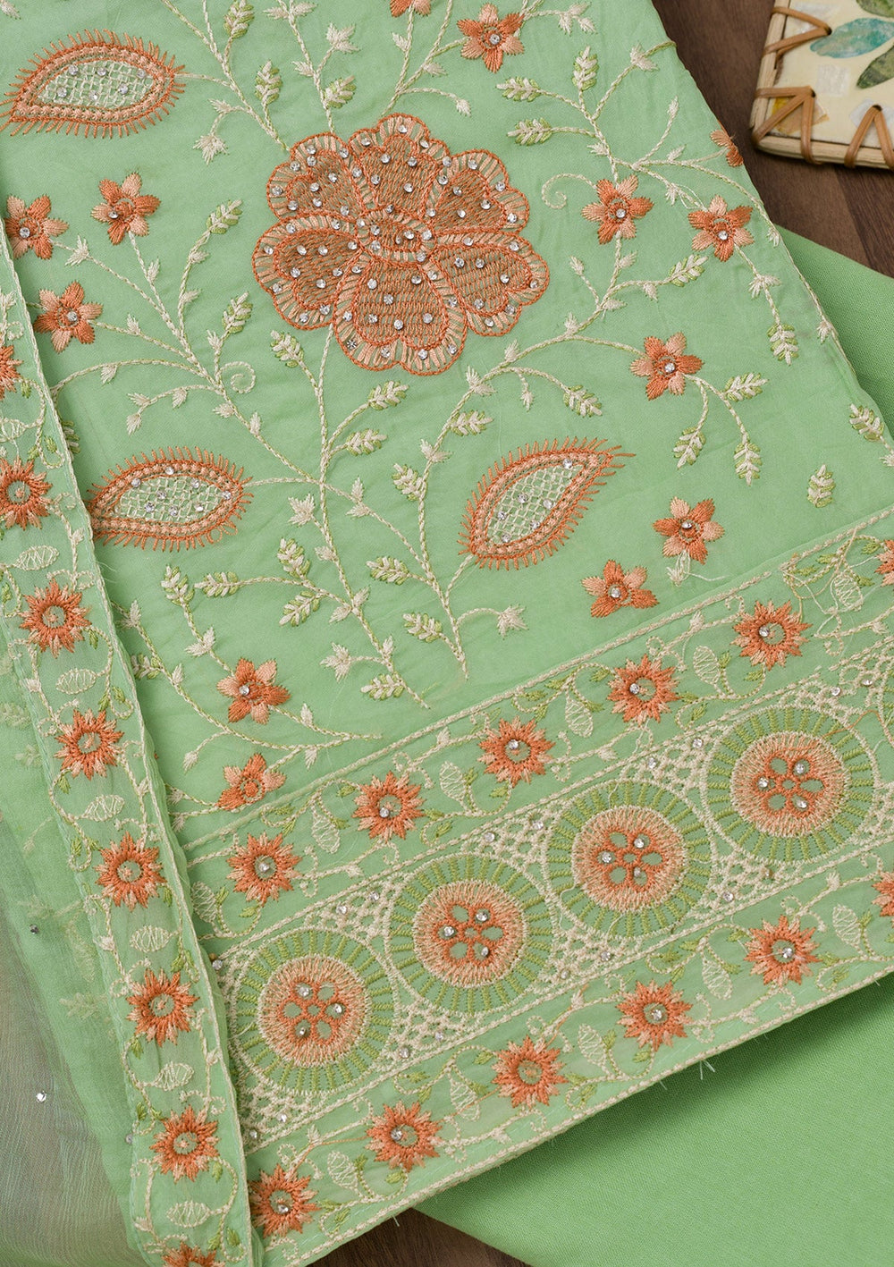 Pista Green Threadwork Georgette Unstitched Salwar Suit-Koskii