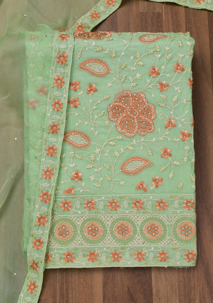 Pista Green Threadwork Georgette Unstitched Salwar Suit-Koskii