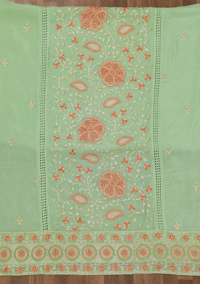 Pista Green Threadwork Georgette Unstitched Salwar Suit-Koskii
