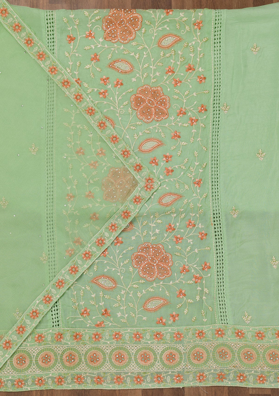 Pista Green Threadwork Georgette Unstitched Salwar Suit-Koskii
