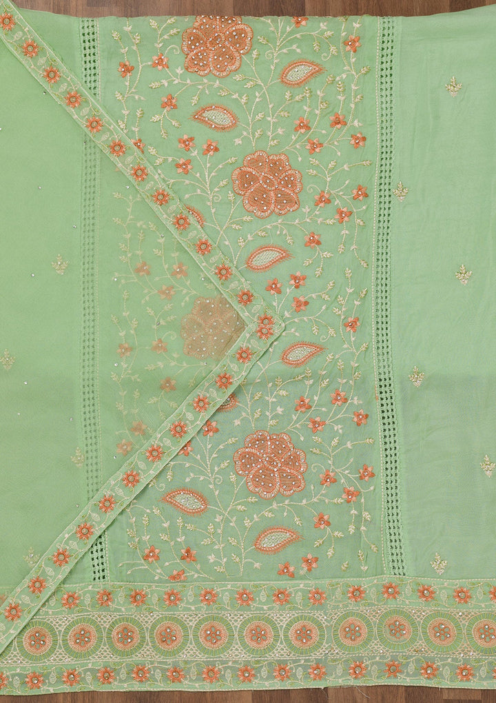 Pista Green Threadwork Georgette Unstitched Salwar Suit-Koskii