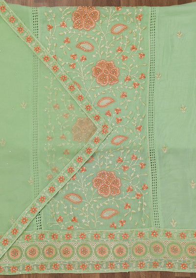 Pista Green Threadwork Georgette Unstitched Salwar Suit-Koskii