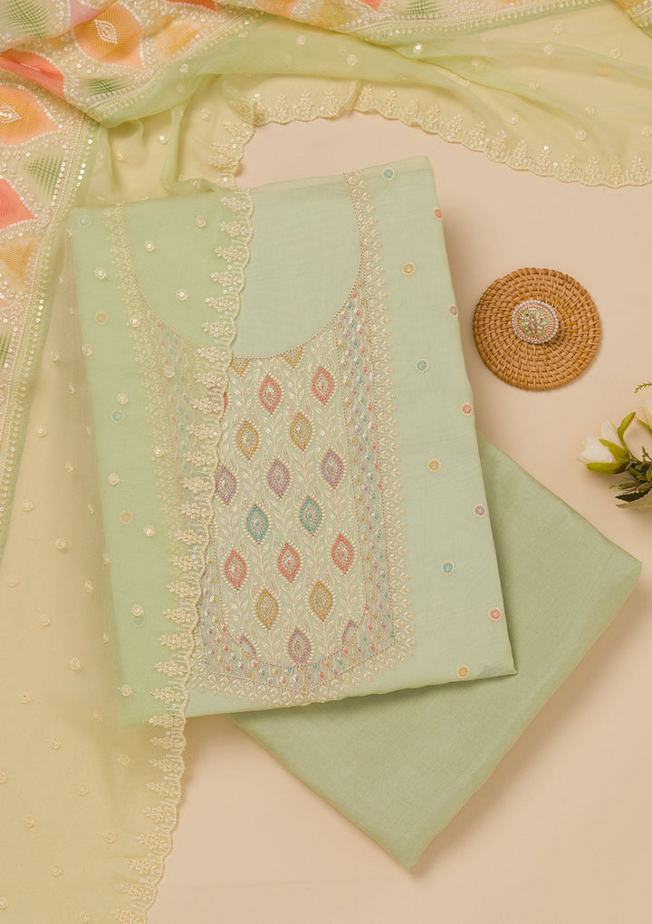 Pista Green Threadwork Georgette Unstitched Salwar Suit-Koskii