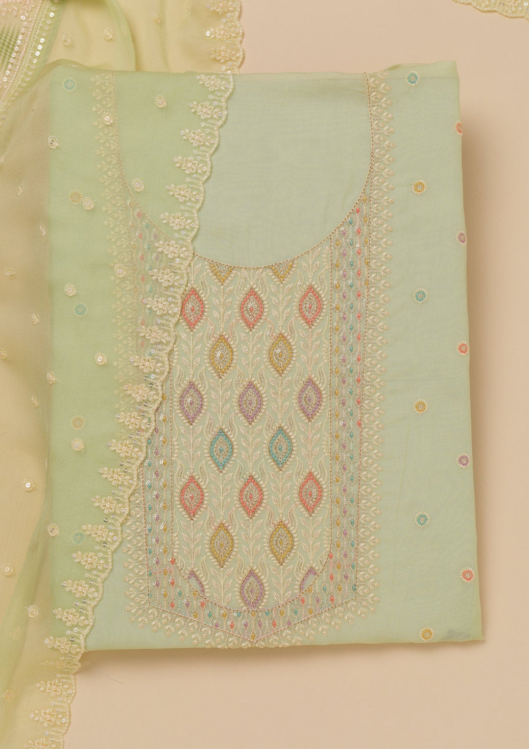 Pista Green Threadwork Georgette Unstitched Salwar Suit-Koskii