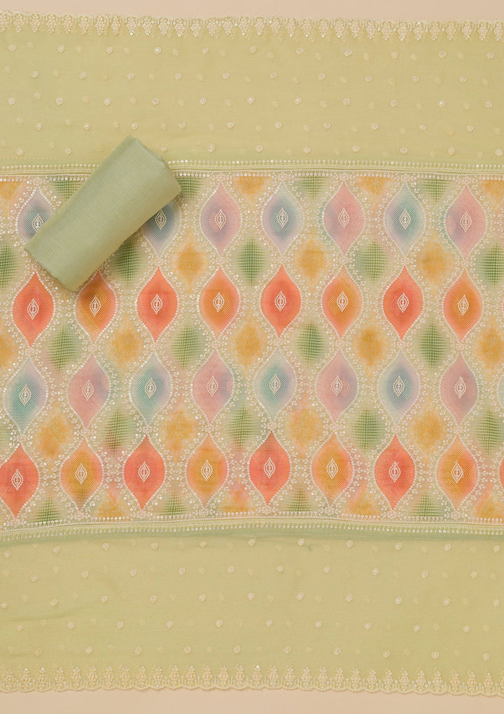 Pista Green Threadwork Georgette Unstitched Salwar Suit-Koskii