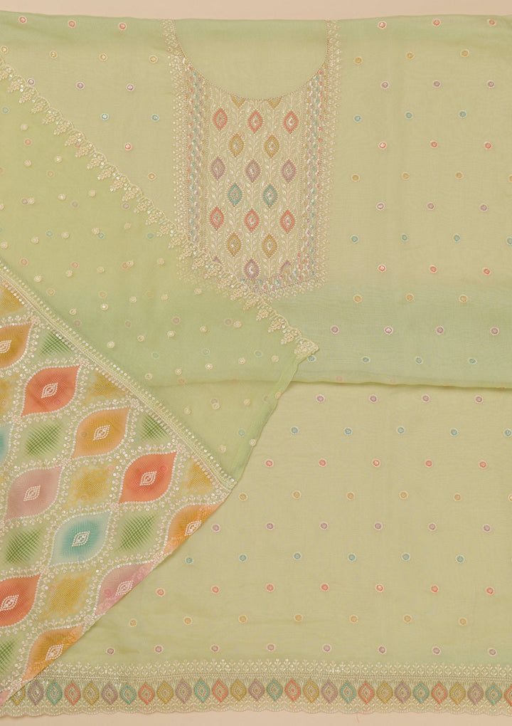 Pista Green Threadwork Georgette Unstitched Salwar Suit-Koskii