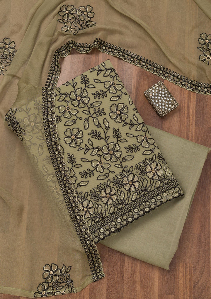 Pista Green Threadwork Georgette Unstitched Salwar Suit-Koskii