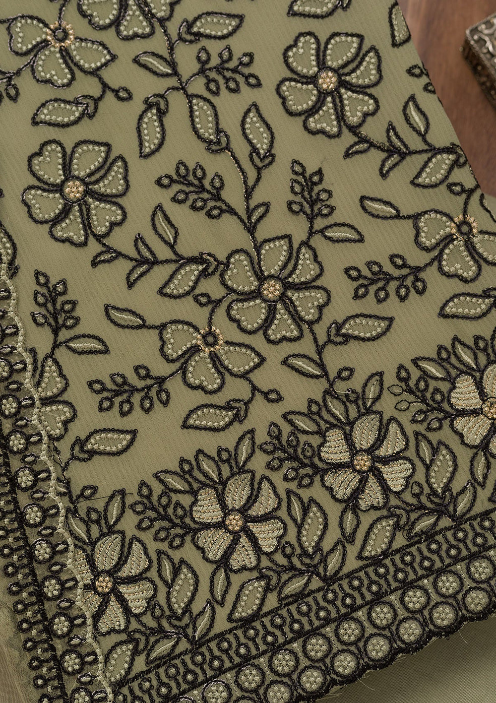 Pista Green Threadwork Georgette Unstitched Salwar Suit-Koskii