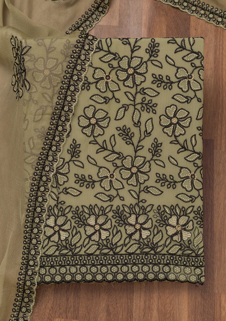 Pista Green Threadwork Georgette Unstitched Salwar Suit-Koskii