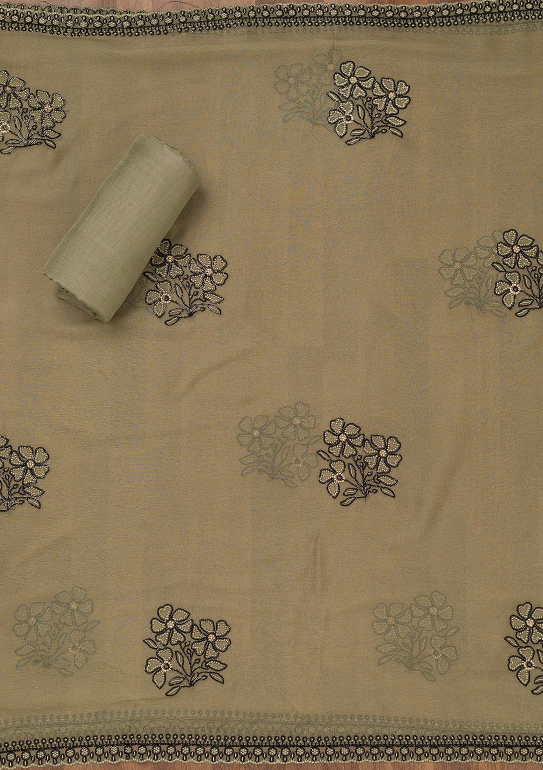 Pista Green Threadwork Georgette Unstitched Salwar Suit-Koskii