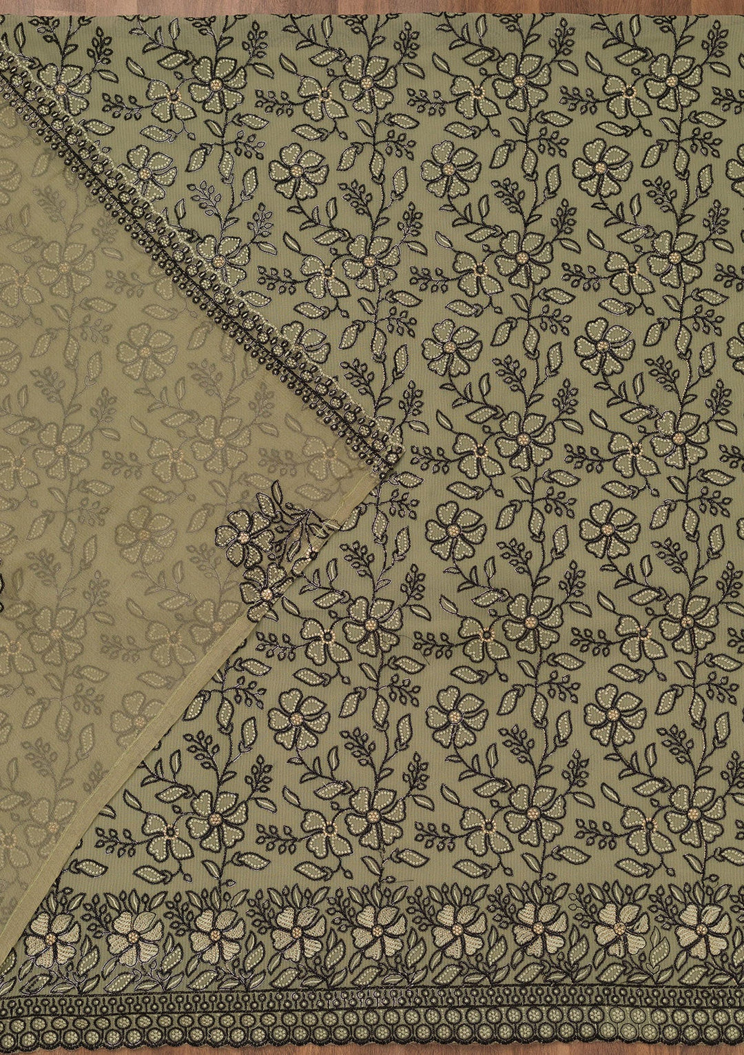 Pista Green Threadwork Georgette Unstitched Salwar Suit-Koskii