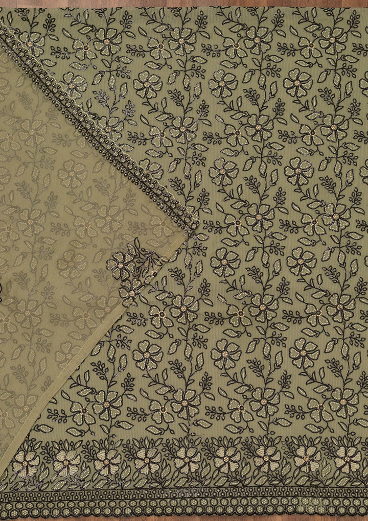 Pista Green Threadwork Georgette Unstitched Salwar Suit-Koskii