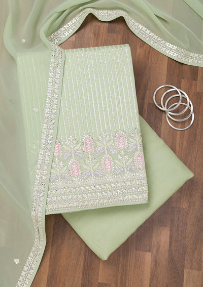 Pista Green Threadwork Georgette Unstitched Salwar Suit-Koskii