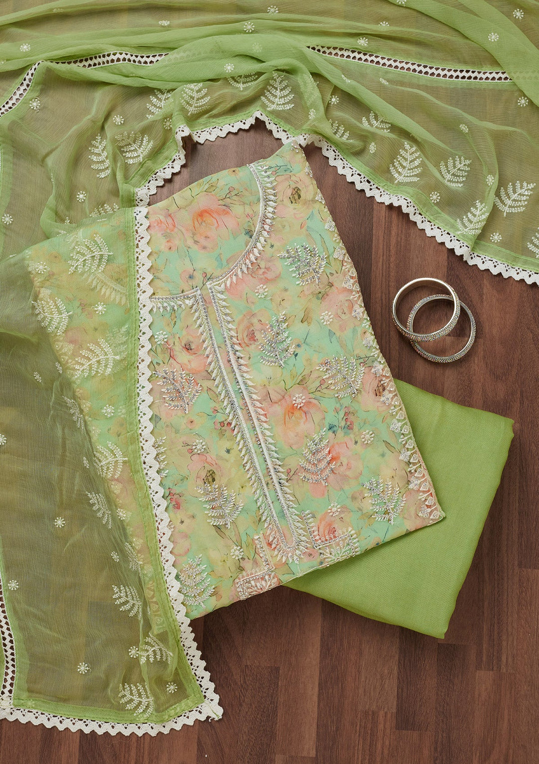 Pista Green Threadwork Georgette Unstitched Salwar Suit-Koskii