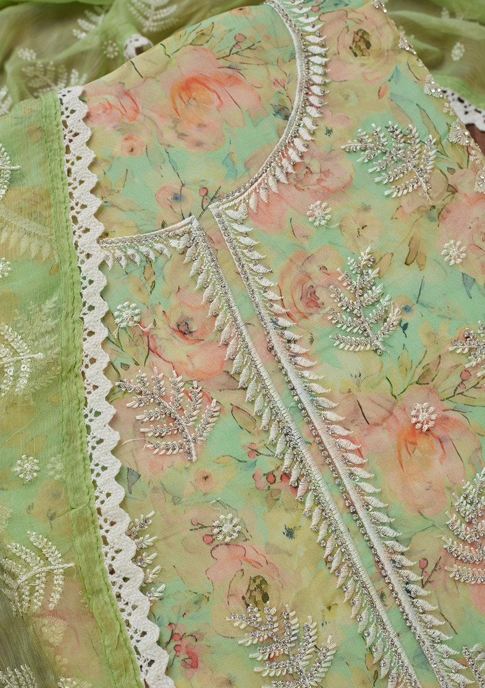 Pista Green Threadwork Georgette Unstitched Salwar Suit-Koskii