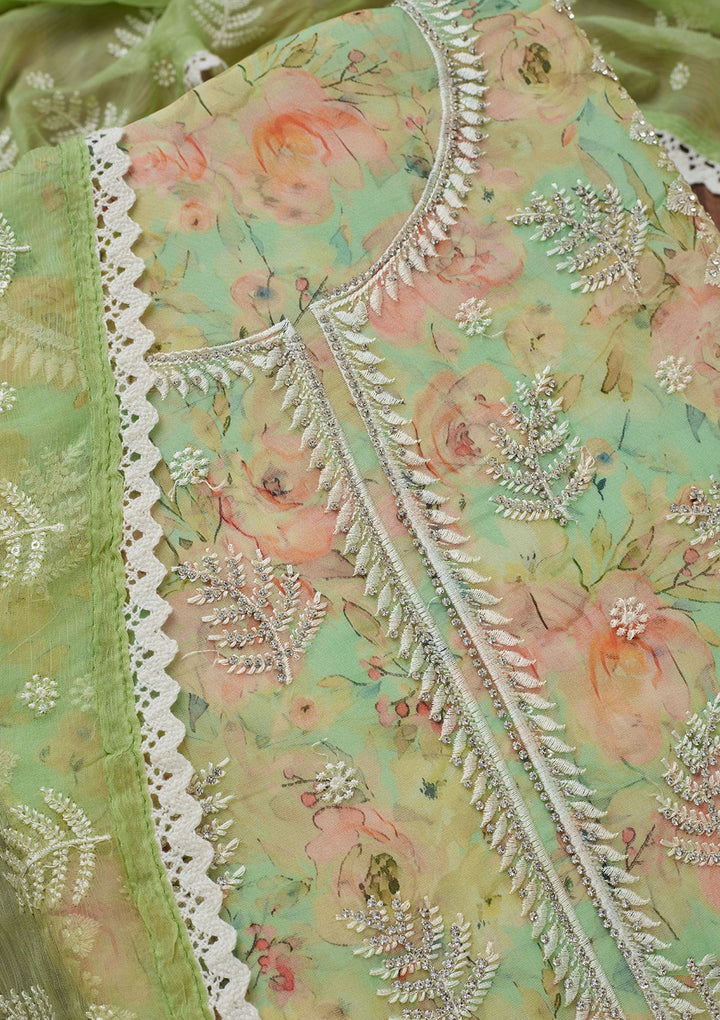 Pista Green Threadwork Georgette Unstitched Salwar Suit-Koskii