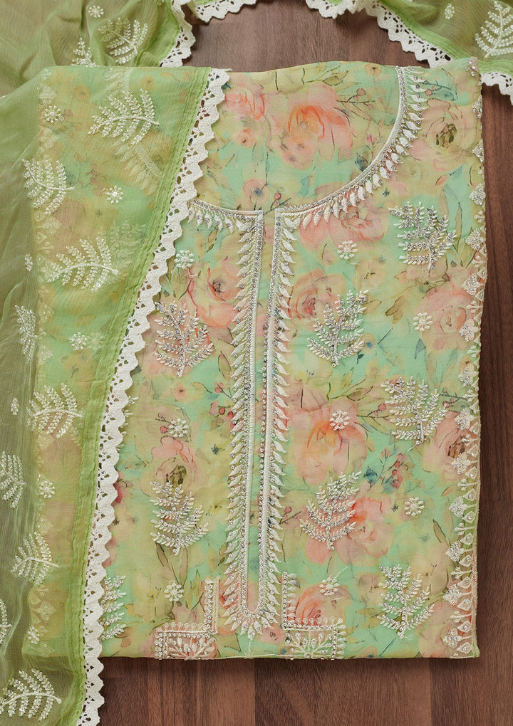 Pista Green Threadwork Georgette Unstitched Salwar Suit-Koskii