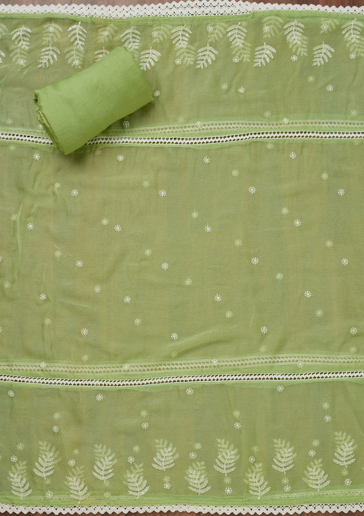 Pista Green Threadwork Georgette Unstitched Salwar Suit-Koskii
