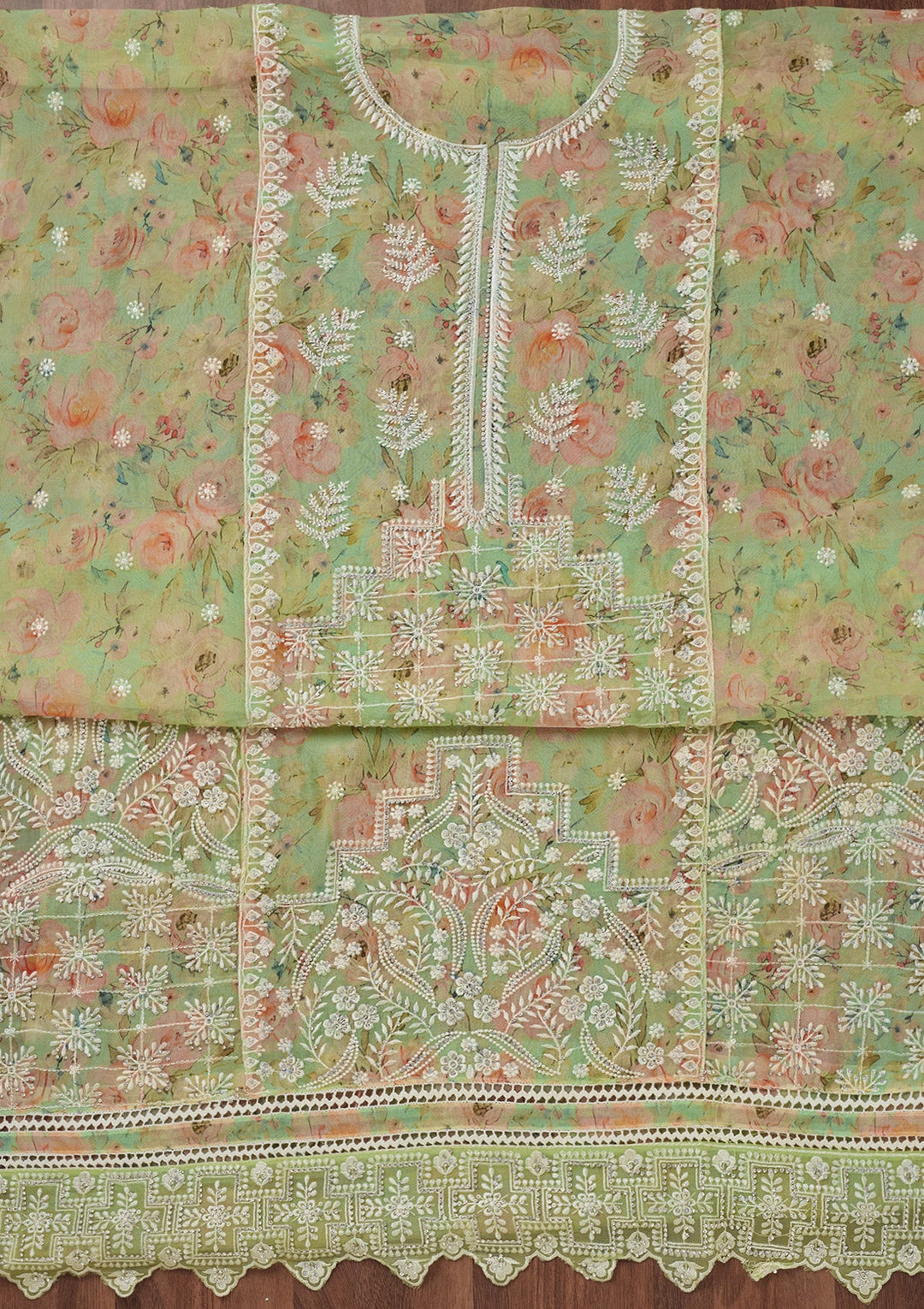 Pista Green Threadwork Georgette Unstitched Salwar Suit-Koskii