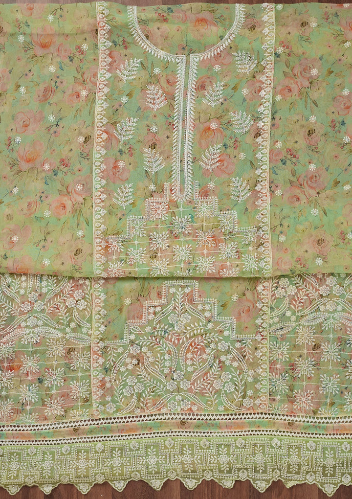 Pista Green Threadwork Georgette Unstitched Salwar Suit-Koskii