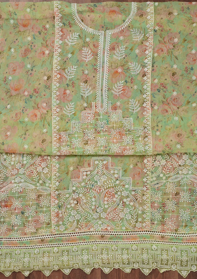 Pista Green Threadwork Georgette Unstitched Salwar Suit-Koskii