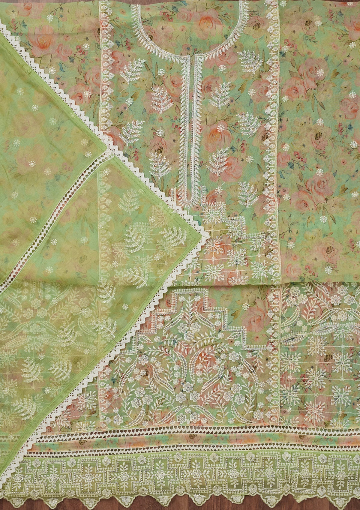 Pista Green Threadwork Georgette Unstitched Salwar Suit-Koskii