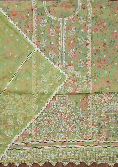 Pista Green Threadwork Georgette Unstitched Salwar Suit-Koskii