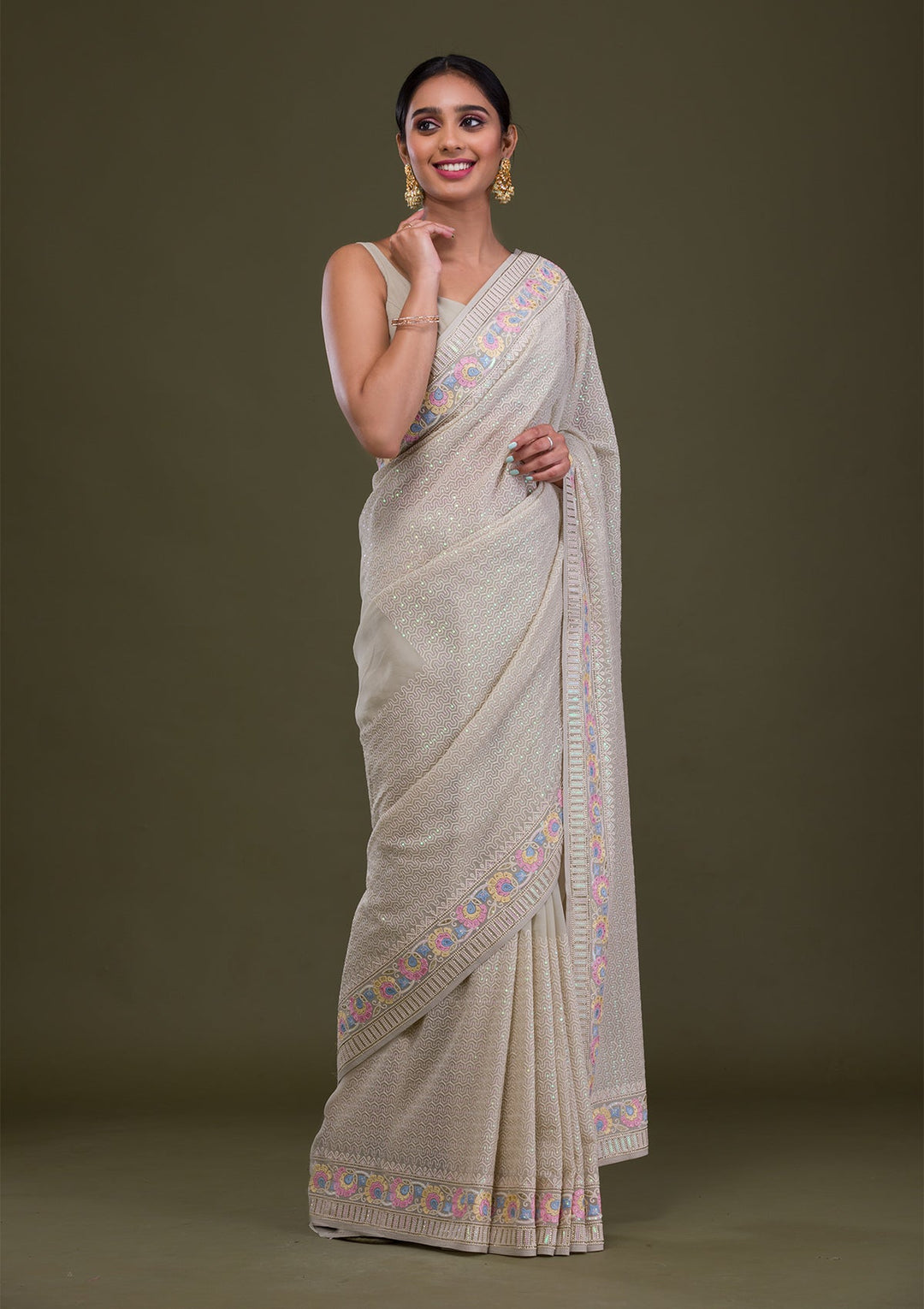 Pista Green Threadwork Georgette Saree-Koskii
