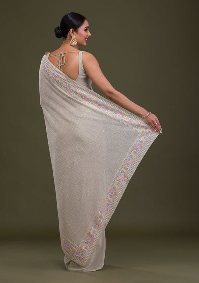 Pista Green Threadwork Georgette Saree-Koskii