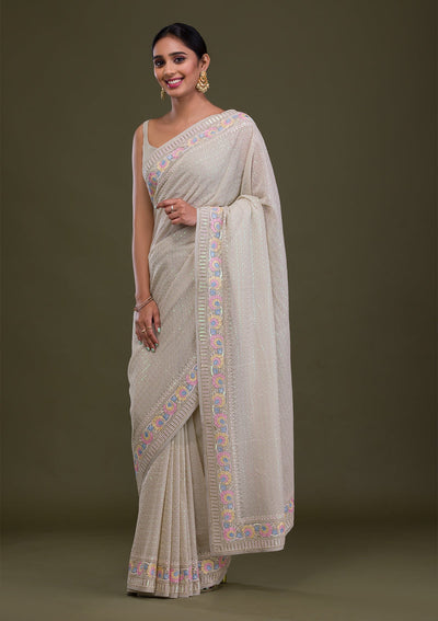 Pista Green Threadwork Georgette Saree-Koskii