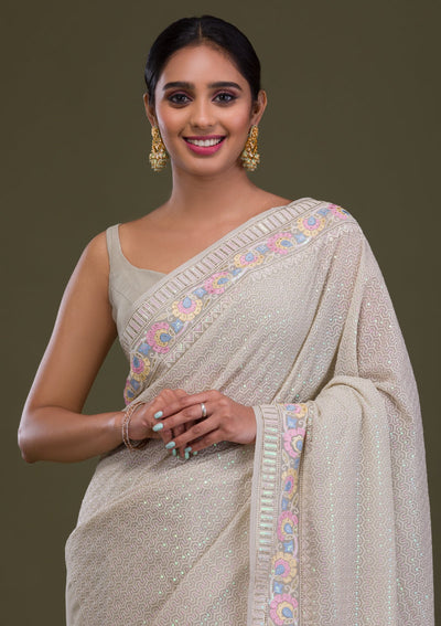 Pista Green Threadwork Georgette Saree-Koskii