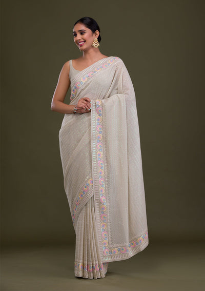Pista Green Threadwork Georgette Saree-Koskii