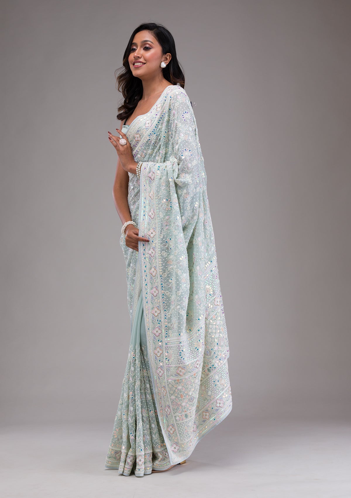 Sky Blue Threadwork Georgette Saree-Koskii