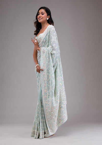 Sky Blue Threadwork Georgette Saree-Koskii