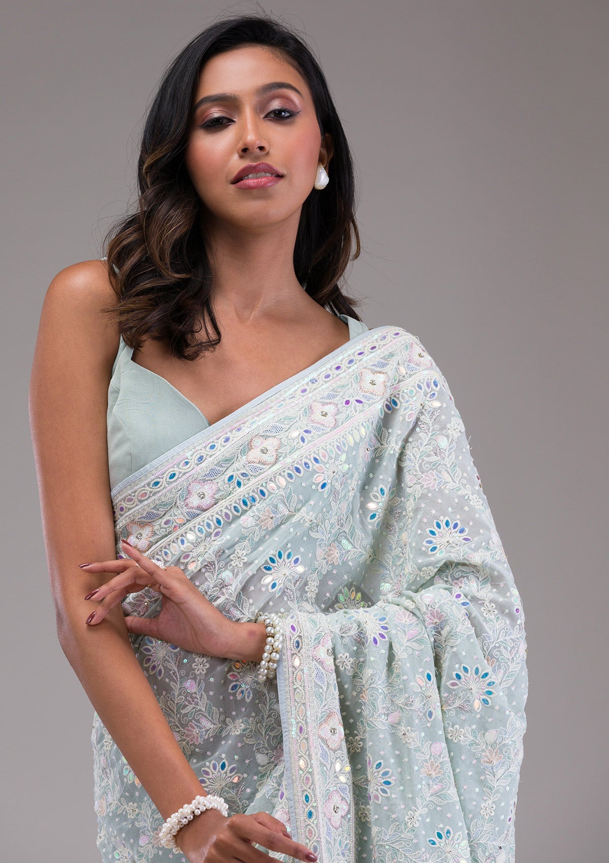 Sky Blue Threadwork Georgette Saree-Koskii