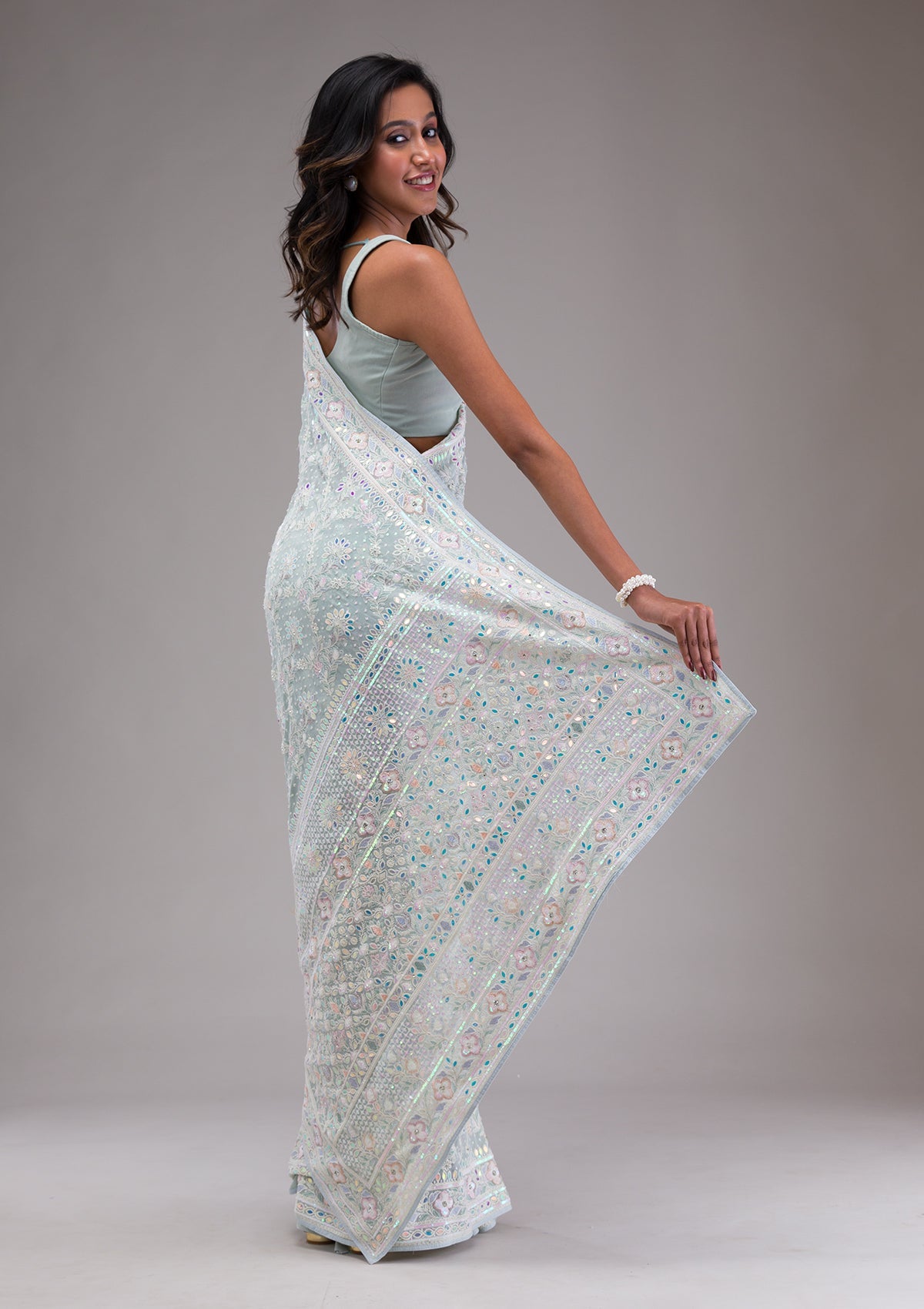 Sky Blue Threadwork Georgette Saree-Koskii