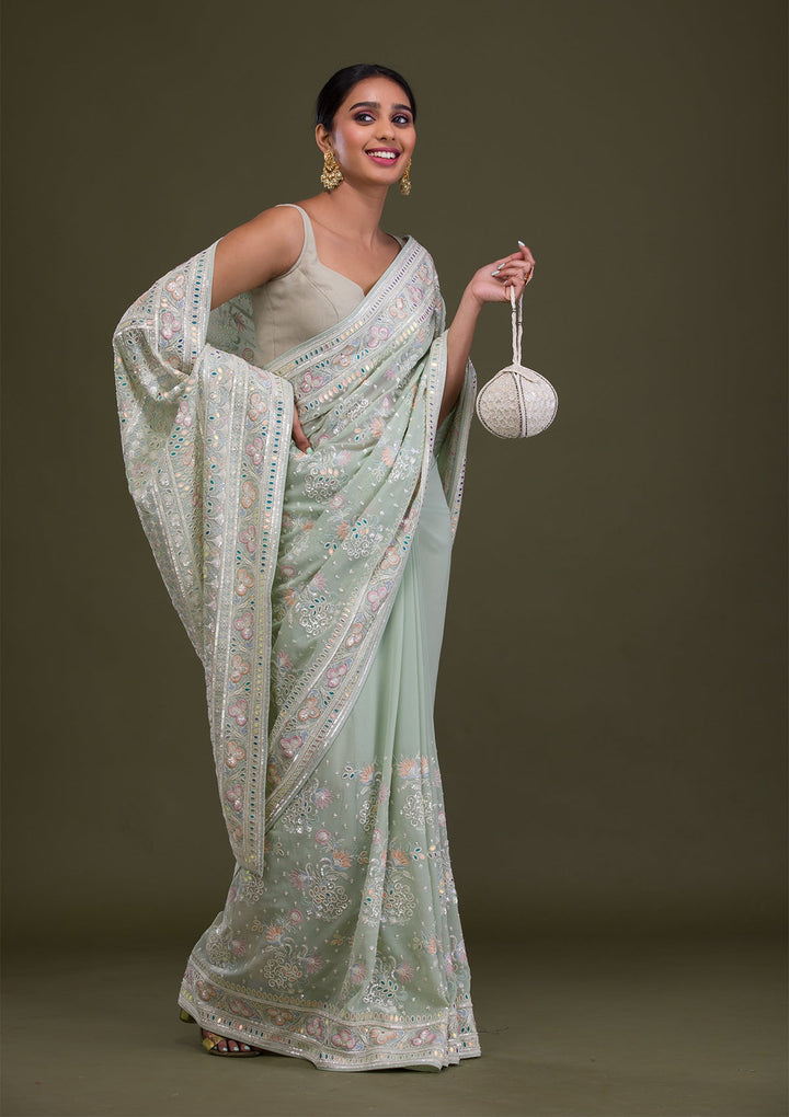 Pista Green Threadwork Georgette Saree-Koskii